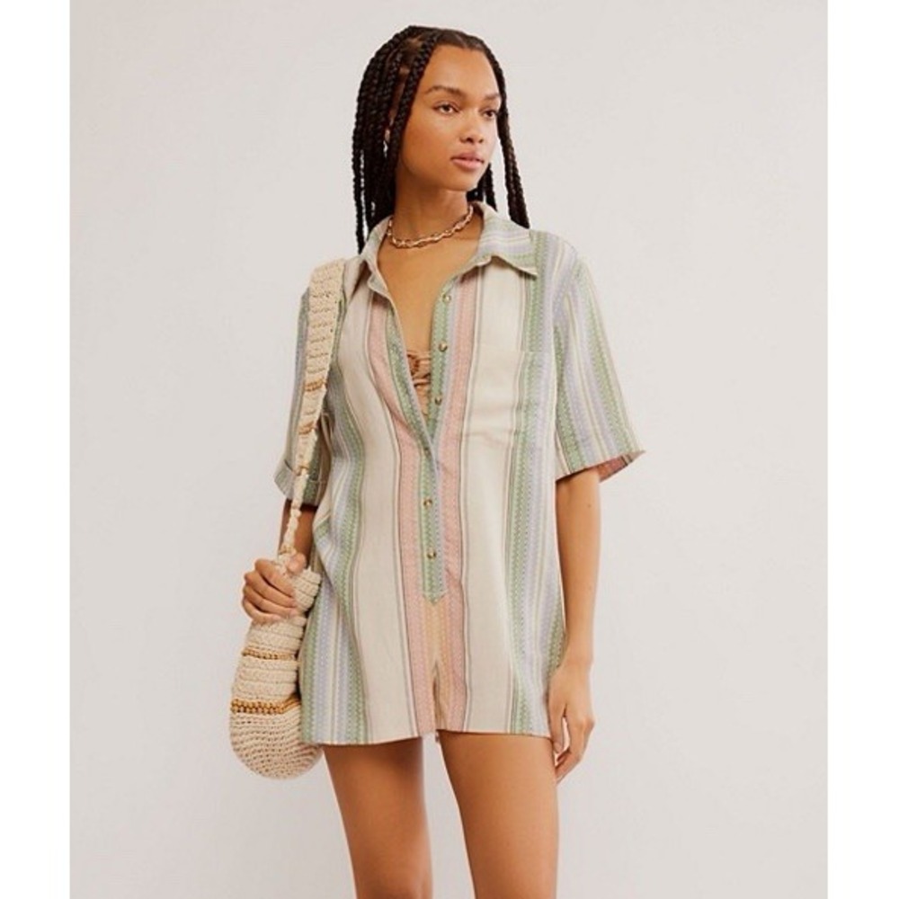 Free People Summer Heat Romper XL Tea Combo Linen Blend Striped Boho Coastal